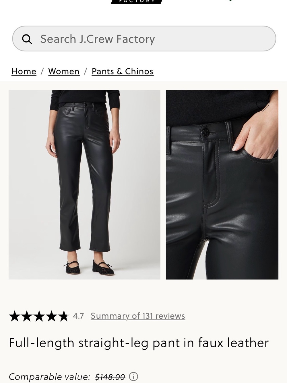 J. Crew Factory Black Faux Leather Straight-Leg Pants